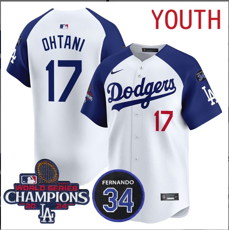 Youth  MLB Los Angeles Dodgers #17 Ohtani white 2024 World Series Champions Patch Limited Jersey style 2